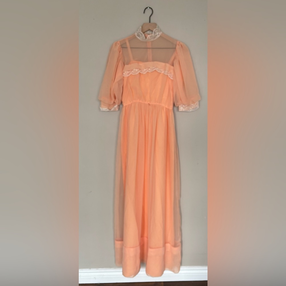 Vintage prom  70s Peach Chiffon Dress with Lace puff Sleeves and Collar Maxi